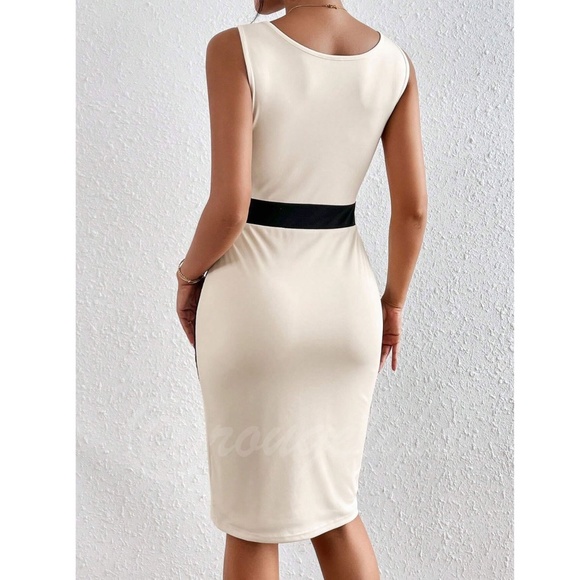 Lace Detail Beige Bodycon Dress Knee Length Sleeveless - Picture 4 of 8